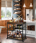 Front view of bar cart industrial black metal with 3 tiers, wine rack and glass holder on wheels