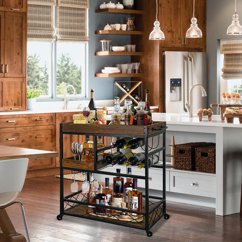 Front view of bar cart industrial black metal with 3 tiers, wine rack and glass holder on wheels