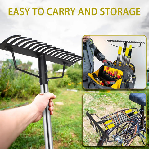 Heavy Duty Garden Bow Rake With Stainless Steel Handle 5.4 Foot Reach 17 Tine Metal Head shown in hand and stored by bike.