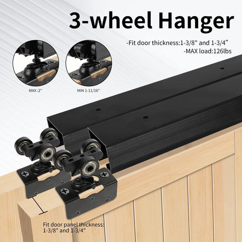 Ceiling Mount Bypass Sliding Door Hardware Rail Kit 48 Inch In Black Aluminum For Wood Doors with 3-wheel hangers.