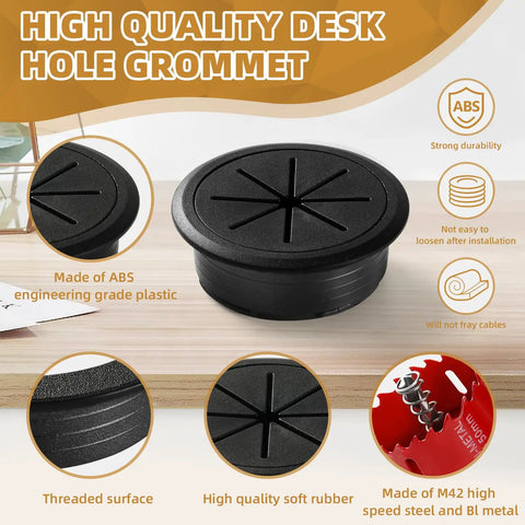 High quality desk grommet made of ABS plastic, threaded surface, hole saw included. Two Inch Desk Grommet Set White ABS Plastic Cable Hole Covers With Hole Saw For Wires Through The Countertop Eight Piece Pack Built For Quick Cleanup And Smooth Cable Management On Your Desk Perfect For Home Office And Workshop Setups With Easy Install.