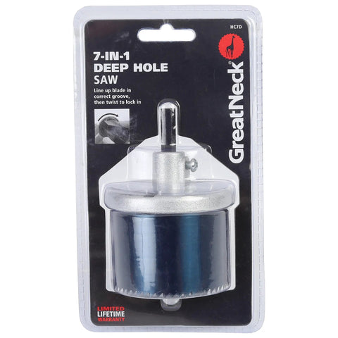 Packaging of Seven In One Hole Saw Kit With One And Three Quarters Inch Depth Includes Seven Diameters showing saw attachment
