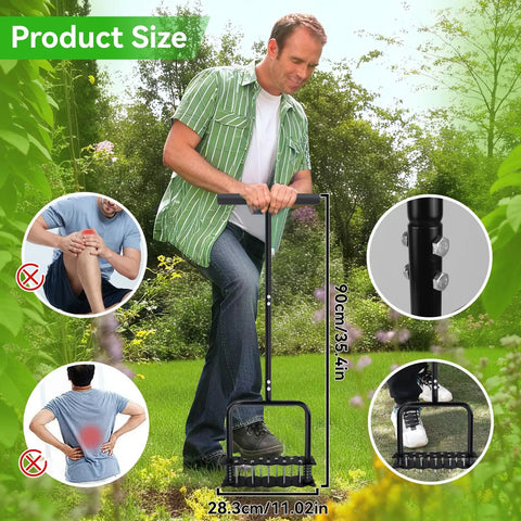 Man using Heavy Duty Manual Lawn Aerator Tool With Fourteen Iron Spikes For Quick Soil Aeration In Your Yard And Garden outdoors.