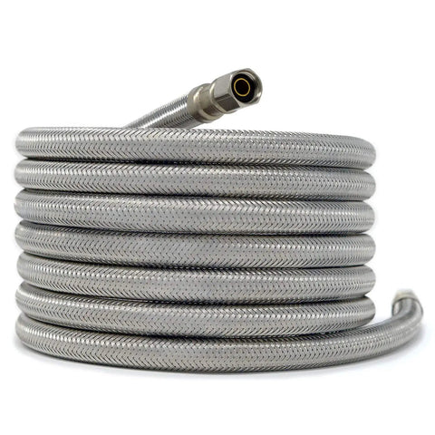 Braided Stainless Steel Ice Maker Water Supply Hose Ten Foot Long With Universal One Quarter Inch Connectors Coiled