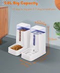 Two Pack Automatic Pet Feeder And Gravity Water Dispenser For Cats And Dogs Serving Up A No Sweat Self Refilling Setup That Keeps Fur Babies Full And Hydrated Without Any Headaches In A Rock Solid One Gallon White Build next to a wood cabinet.