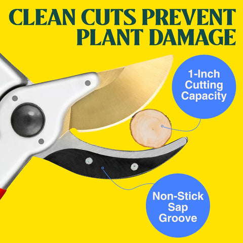 Close-up of 8.5 Inch Titanium Bypass Pruning Shears for Gardening with Japanese Grade High-Carbon Steel Blades cutting wood