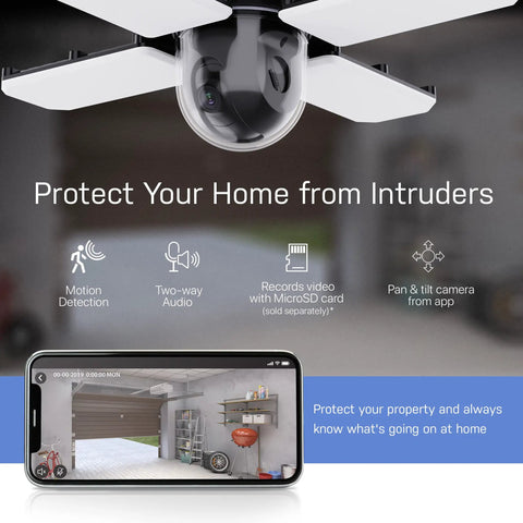 Smart Garage Ceiling Light With Camera And WiFi Security, image showing security app interface and features overview.