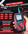 Front view of Karvinger handheld optical power meter with blue fiber plug; black/red body.