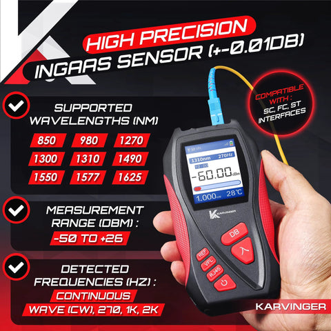 Front view of Karvinger handheld optical power meter with blue fiber plug; black/red body.