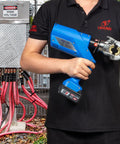 Badass 6 Ton Electric Hydraulic Crimping Pliers With 12 Universal Dies For Cable Lugs And Wire Terminations Delivers Knockout Force With Copper Motor And No Sweat Cooling Operation in use with high voltage cables.