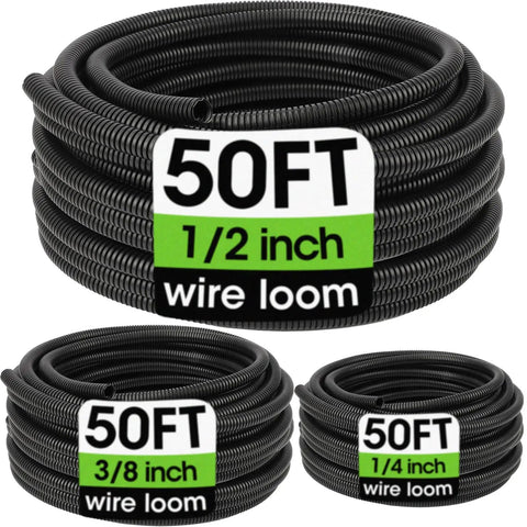 Split Wire Loom Kit with 50 Feet Each of 1/4 Inch, 1/2 Inch, and 3/8 Inch Flexible Cable Sleeves for Auto Wiring