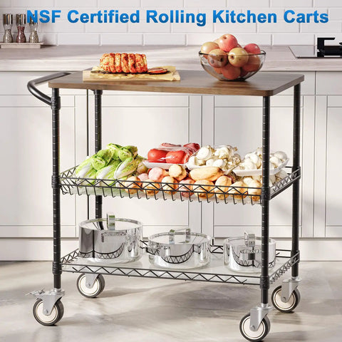 Rolling Kitchen Cart With Wheels, 3-Tier Heavy Duty Utility Cart With Wood Top, NSF-Listed Metal Serving Cart With Handle