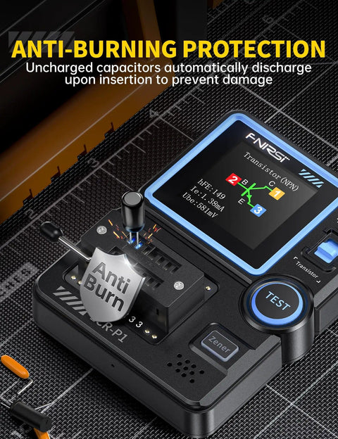 All In One LCR P1 Transistor Tester And SMD Component Analyzer shown with anti-burning protection feature.