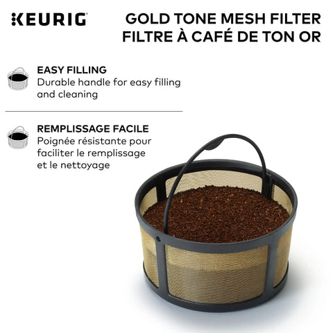 Reusable Gold Tone Mesh Coffee Filter For K Duo Essentials And K Duo Brewers with handle for easy filling and cleaning.
