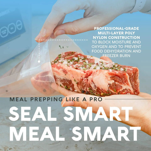 Go To Pro Grade Vacuum Sealer Bags Set 6x8, 8x10, 10x10 Inches, 300 Pack BPA Free Pouches sealing a piece of meat