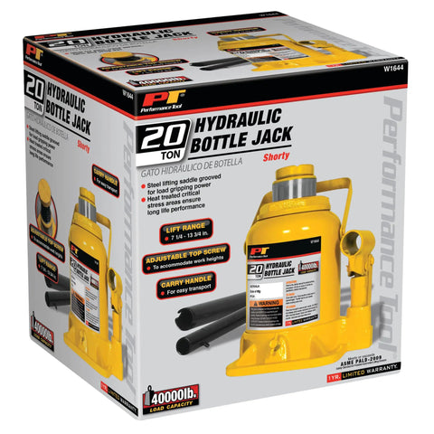 20 Ton Shorty Bottle Jack For Auto Truck Farm And Shop Lifting, 40,000 Lb Capacity, Lift Range From Seven And A Quarter Inch To Thirteen And Three Quarter Inch, Heavy Duty Workhorse Lifting Tool packaging