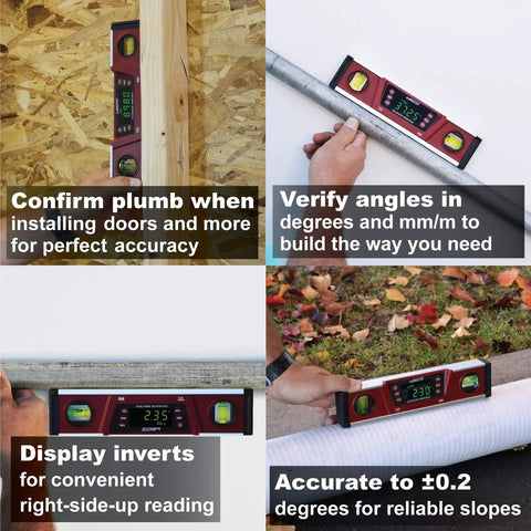 Digital Torpedo Level With Protractor 10 Inch Neodymium Magnets Bright Green LED Display With 0.475 Inch Digits IP54 Dust And Water Resistant Red Built For The Jobsite Rugged I Beam Aluminum Frame With Auto Inverting Screen