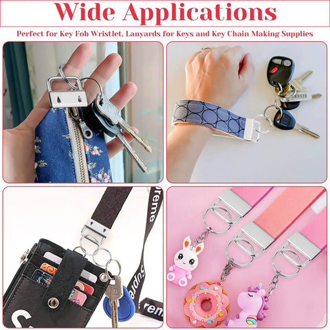Key Fob Hardware Kit With 50 Pieces Of 1 Inch Fob Hardware And Silver Key Rings Plus Pliers For Easy Keychain And Wristlet DIY Projects Durable Clamp Supplies For Everyday Use in various applications showing keychains and wristlets.