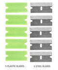 11 Piece Multi Purpose Razor Blade Scraper Kit With 10 Blades For Window Glass Sticker Removal And Flat Edge Plastic Scraper Tool DIY Friendly For Glass Paint Prep Decals Tint And More showing 5 steel and 5 plastic blades
