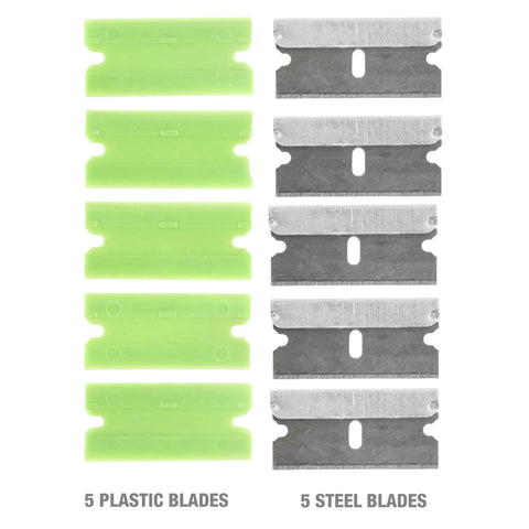 11 Piece Multi Purpose Razor Blade Scraper Kit With 10 Blades For Window Glass Sticker Removal And Flat Edge Plastic Scraper Tool DIY Friendly For Glass Paint Prep Decals Tint And More showing 5 steel and 5 plastic blades