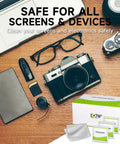 Individually Wrapped Pre Moistened Screen Wipes For Smartphone Tablet Laptop Keyboard And Monitor Cleaners Pack Of 120 Streak Free Electronic Device Cleaner displayed on a desk with camera and tech gadgets.