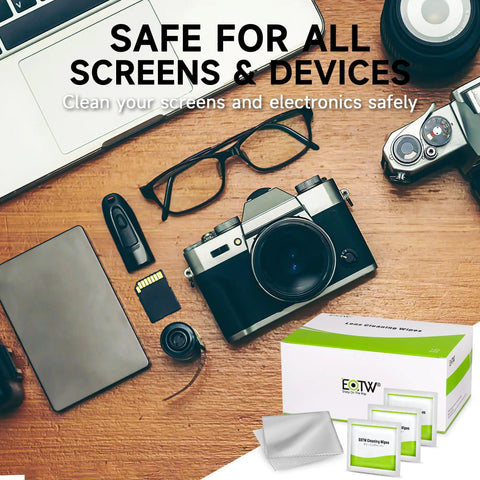 Individually Wrapped Pre Moistened Screen Wipes For Smartphone Tablet Laptop Keyboard And Monitor Cleaners Pack Of 120 Streak Free Electronic Device Cleaner displayed on a desk with camera and tech gadgets.