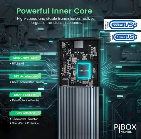 Hassle Free Nvme M2 Enclosure For Usb 3.2 Drives showcasing aluminum casing and RTL9210B main control chip for fast transfer speeds.