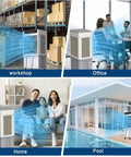 Portable Air Cooler With Integrated Water Reservoir And Three Fan Speeds, 12 Hour Timer Evaporative AC Unit For Home Office Or Workshop cooling various spaces like home, office, and pool.