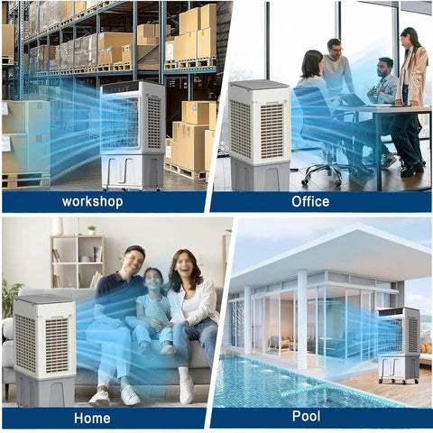 Portable Air Cooler With Integrated Water Reservoir And Three Fan Speeds, 12 Hour Timer Evaporative AC Unit For Home Office Or Workshop cooling various spaces like home, office, and pool.