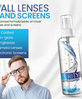 Man holding glasses next to product, Eyeglass Lens Cleaner Kit With 2x8oz Bottles And 1x2oz Bottle Microfiber Cloths, showing uses.