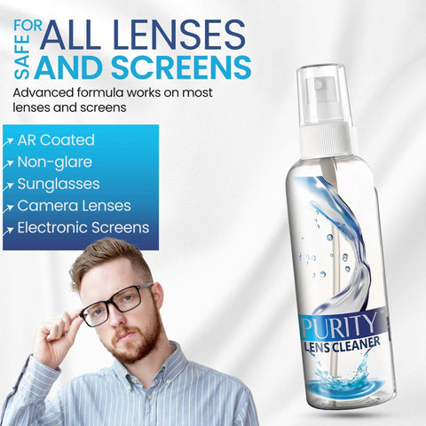 Man holding glasses next to product, Eyeglass Lens Cleaner Kit With 2x8oz Bottles And 1x2oz Bottle Microfiber Cloths, showing uses.