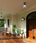 Porch view with Charlie One Light Outdoor Indoor Semi Flush Mount Ceiling Light In Oil Rubbed Bronze With Clear Seeded Glass Shade