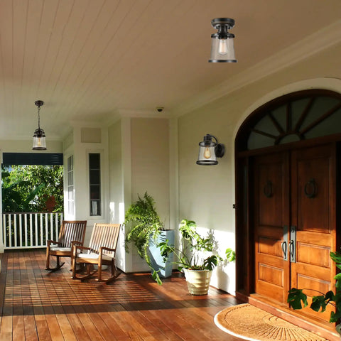 Porch view with Charlie One Light Outdoor Indoor Semi Flush Mount Ceiling Light In Oil Rubbed Bronze With Clear Seeded Glass Shade