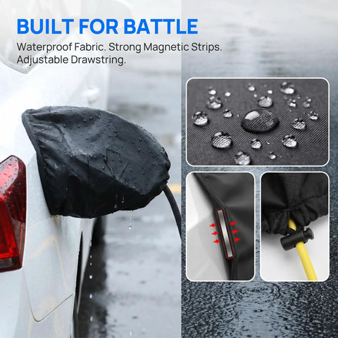 Drop In Ready Magnetic EV Charger Port Cover on a car; waterproof black fabric with strong magnetic strips and adjustable drawstring.