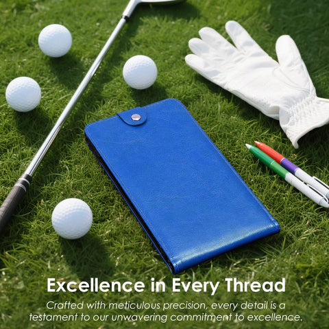 Magnetic Golf Scorecard Holder With Premium Leather All In One Design Blue Slim Back Pocket Carry on grass with gloves and golf balls
