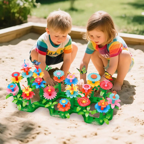 Two children playing with Flower Garden Building Kit For Kids 3 To 7 Years Old With 148 Piece Set And Storage Case in sandpit.