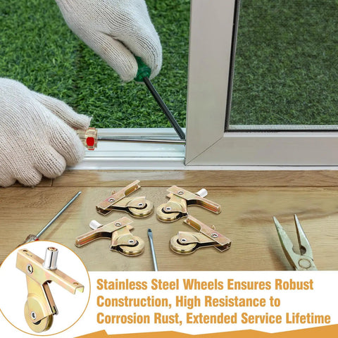 4 Pack Heavy Duty Stainless Steel Sliding Screen Door Rollers 1 Inch Smooth Glide With Spring Loaded Arm and Screws on wood background