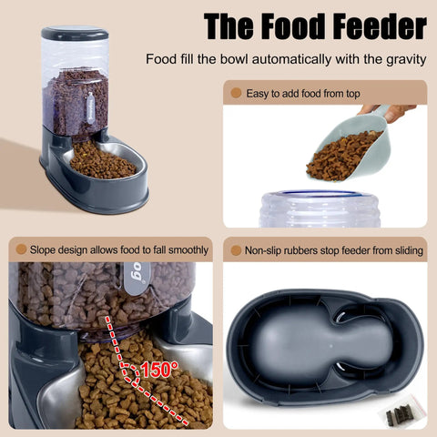 Premium Stainless Steel Automatic Pet Feeder And Water Dispenser With Gravity Fed Bowls, 150-degree slope for smooth food delivery.