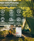 Lightweight Portable Propane Tankless Water Heater Kicking Out Instant 2.64 GPM with safety features near camping tent by river.