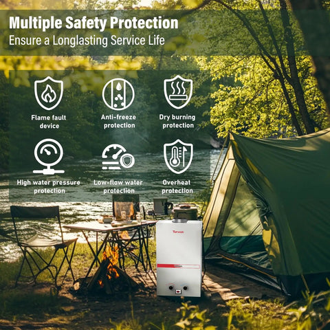 Lightweight Portable Propane Tankless Water Heater Kicking Out Instant 2.64 GPM with safety features near camping tent by river.