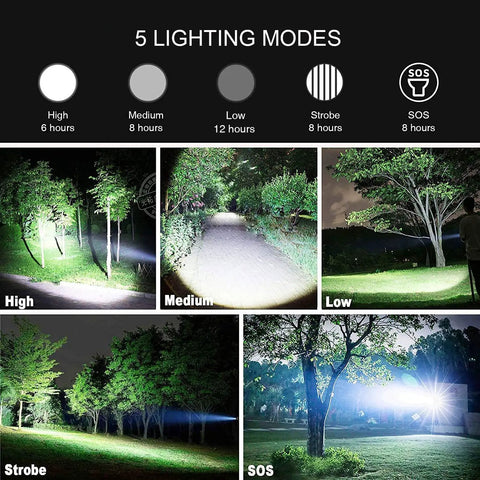 99,000 Lumen Rechargeable Flashlight 2 Pack With 7 Modes LED IPX7 showing various beam modes illuminating outdoor scenes.
