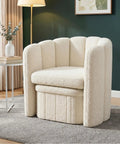 Super Snug White Barrel Accent Chair With Storage Ottoman In Thick Teddy Boucle Fleece Plush Lounge Seating For Living Room with curved backrest.