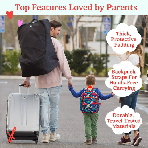 Person carrying Top Notch Padded Car Seat Backpack Travel Bag For Air Travel Fits Most Infant And Convertible Seats, black cover.