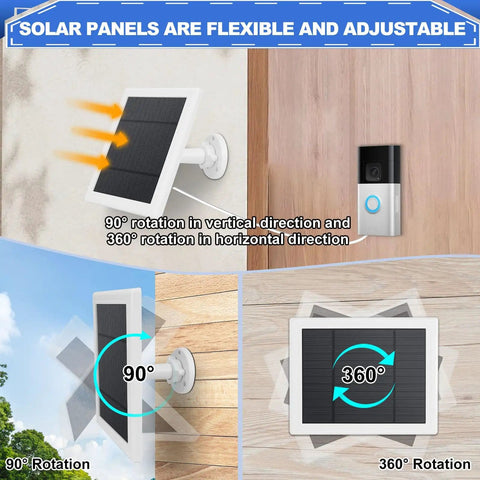 5W Solar Panel Charger For Video Doorbell Gen 2 2020, 360 degree mount with 16.4ft IP65 waterproof cable, rotating installation