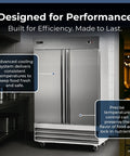 Double Door Commercial Refrigerator With 47 Cu Ft Capacity, 54 Inch Wide Stainless Steel Reach-In Upright Fridge in kitchen setting.