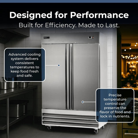 Double Door Commercial Refrigerator With 47 Cu Ft Capacity, 54 Inch Wide Stainless Steel Reach-In Upright Fridge in kitchen setting.