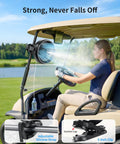 Eight Inch Portable Misting Fan With Secure Clip Mount Heavy Duty Battery Operated Cooling Setup used on a golf cart, providing mist and cooling.