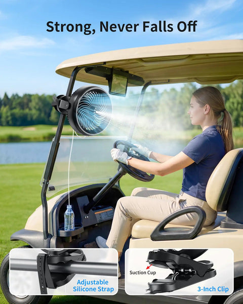 Eight Inch Portable Misting Fan With Secure Clip Mount Heavy Duty Battery Operated Cooling Setup used on a golf cart, providing mist and cooling.