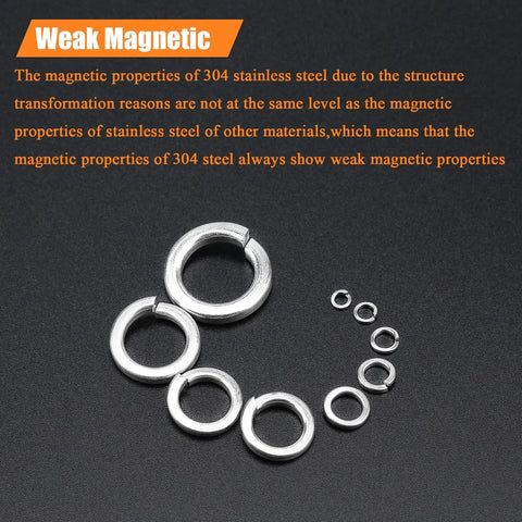 Front view of M3 stainless steel split lock washers in silver, assorted sizes.
