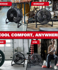 16-Inch Industrial Drum Fan With 3 Speed Settings, UL Listed, shown in warehouse, workshop, garage, and gym environments.